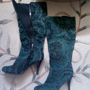 Beautiful green tapestry material boots
